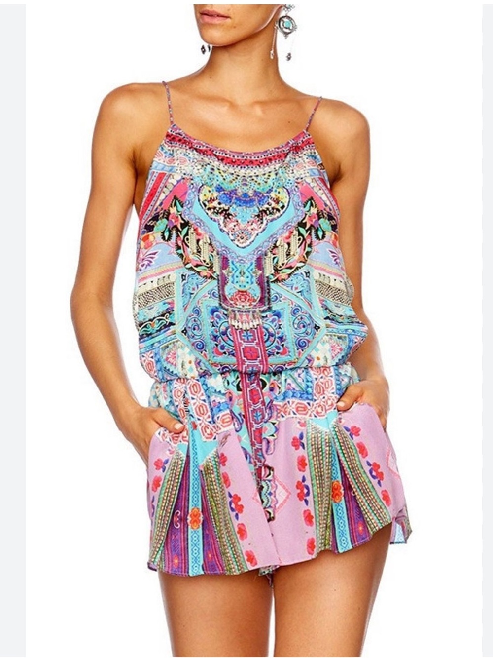 Camilla Shoestring Strap Romper  Multicolor .